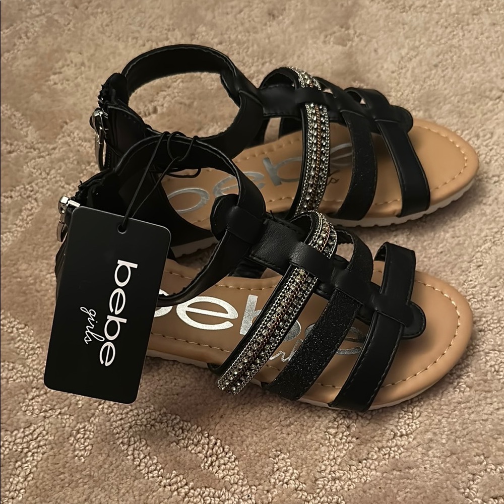 NWT-Bebe Girls Black and Silver Strappy Sandals